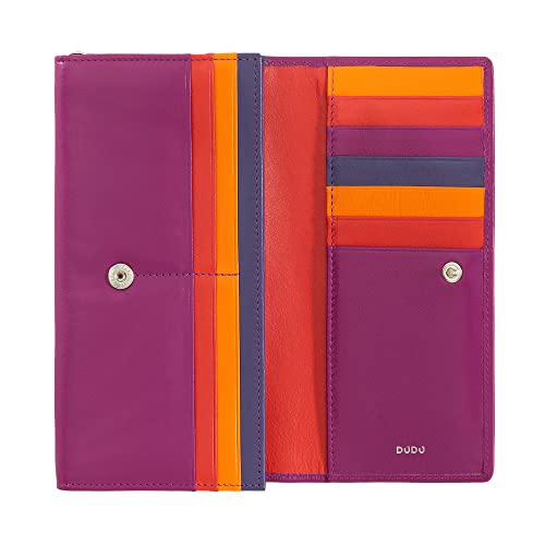 DUDU Brieftasche RFID Damen Leder Farbiges Design Lang mit Münzfach mit Reißverschluss 18 Kreditkartenfächer und Knopfverschluss Fuchsia