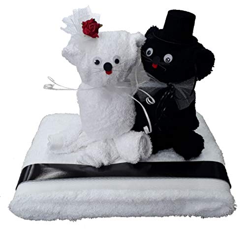 Frotteebox Geschenk Set Katzen Hochzeitspaar aus 1x Handtuch, 2X Gästetuch und 2X Waschhandschuh schwarz/weiß geformt