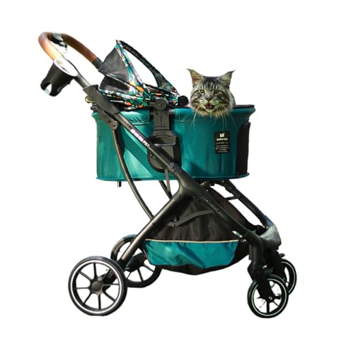 Katzenkinderwagen für 1 Katze mit Abnehmbarem Gepäckträger Hundekinderwagen für Kleine Hunde Zusammenklappbarer Haustier Reisewagen mit 3 Mesh Fenster, Aufbewahrungskorb (Color : Green)