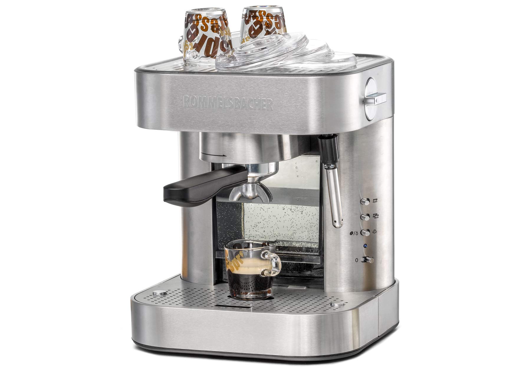 ROMMELSBACHER Espresso Maschine EKS 2010 - Siebträger, Filtereinsatz für 1 bzw. 2 Tassen, Vorbrühfunktion, 19 Bar Pumpendruck, Düse für Milchschaum/Heißwasser, programmierbare Tassenfüllmenge
