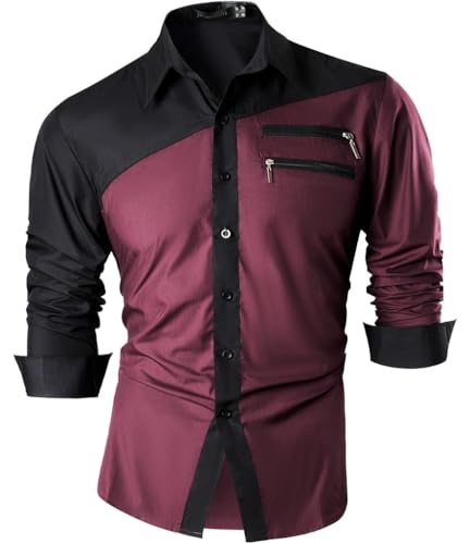 jeansian Herren Freizeit Hemden Shirt Tops Mode Langarmshirts Slim Fit Z015 WineRed XL