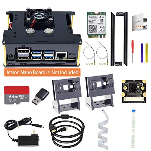 Makeronics Entwickler-Set für Jetson Nano -IMX 219-77 Kamera-Modul mit Kameratasche, 64 GB Klasse 10 TF Karte mit Kartenleser,Jetson Nano Acrylhülle für A02 und B01,8265 kabellose Karte mit Antenne