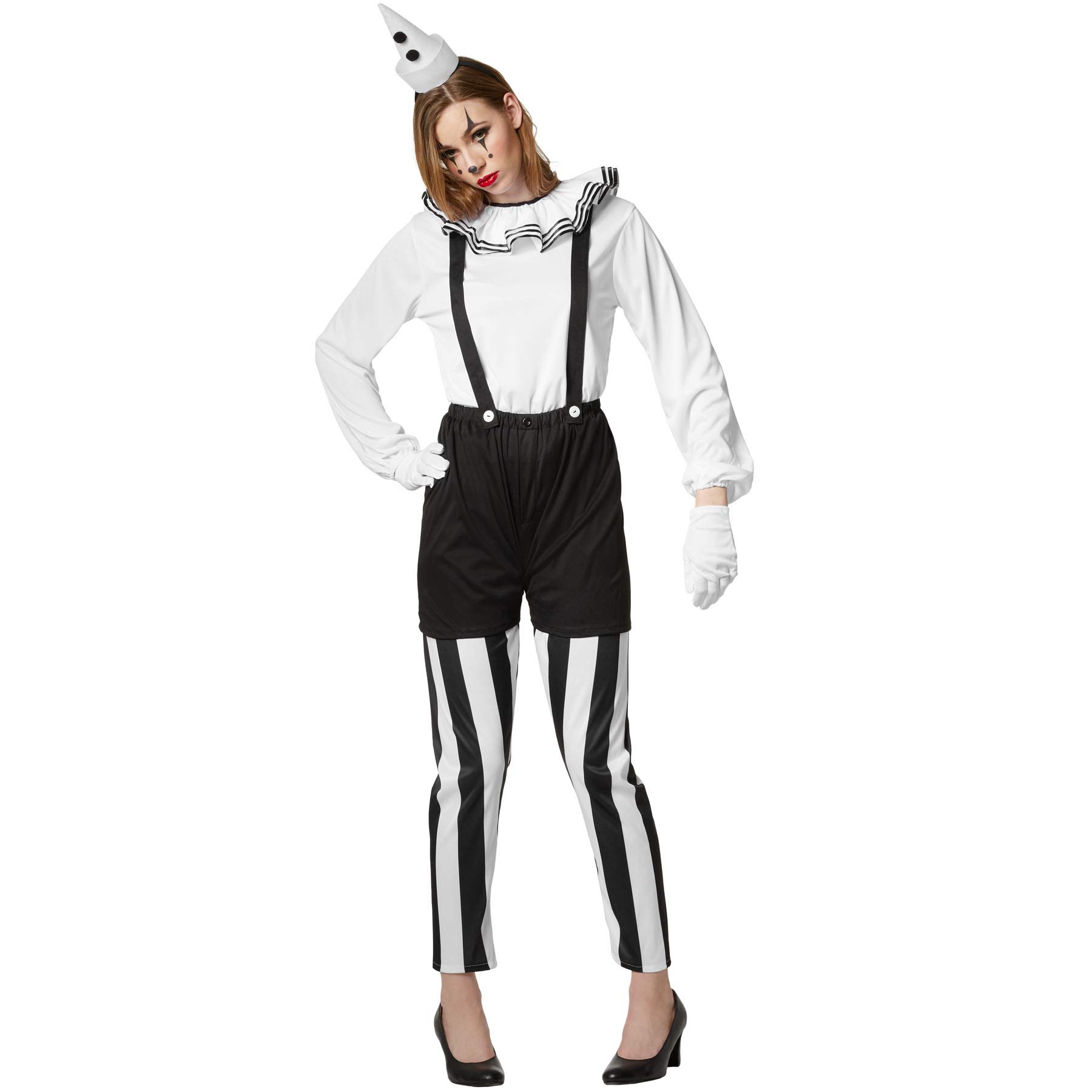 dressforfun 901034 Frauenkostüm Clown, Damen Pantomime Kostüm, sechsteilige Harlekin Verkleidung, Pierrot Kostüm für Karneval Fasching Halloween, schwarz weiß - diverse Größen - (M | Nr. 304596)