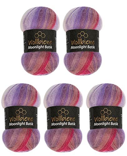 Wollbiene Moonlight Batik 5 x 100g Strickwolle 500 Gramm Wolle zum Stricken und Häkeln 20% Wolle türkische Wolle Farbverlaufswolle Strickwolle (3080 lila rot rosa)