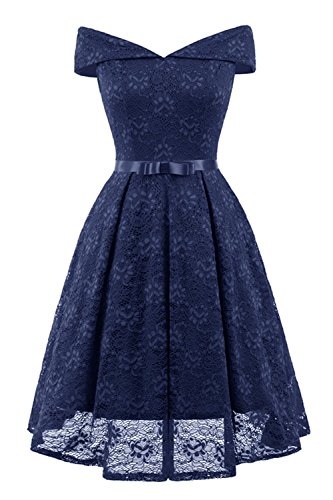 Misshow Rockabilly Kleider Damen Blau Partykleid Kurz Spitze Elegant Abendkleid Abiballkleid- Gr. Small, Navy