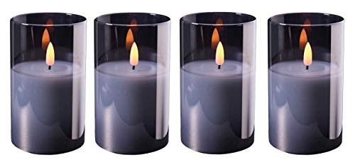 Hochwertige LED Adventskerzen im Glas - 4er Kerzenset/Sparset - Timer - Realistisch Flackernd - Kerze Weihnachten/Weihnachtskerzen/Adventskranz (Grau, Mittel - Höhe 12,5cm / Ø 7,5cm)