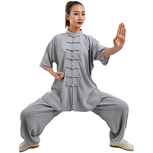 G-like Damen Herren Tai Chi Trainingsanzug – Traditionelle Chinesische Kampfkunst Taiji Kung Fu Qi Gong Wing Chun Shaolin Wushu Frühling Sommer Training Unisex Uniform Kurzärmelig Anzug (Grau, M)