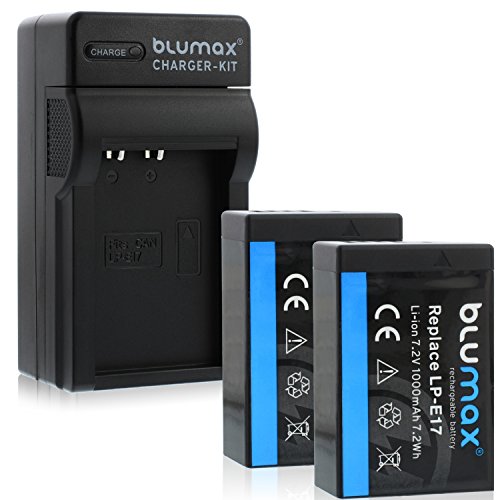 Blumax 2X Premium Akku 1000mAh (Achtung!! TEILDEKODIERT) + 1x Ladegerät für Canon LP-E17 passend zu Canon EOS 750D, 760D, 8000D EOS M3EOS Kiss X8i EOS Rebel T6i, T6s
