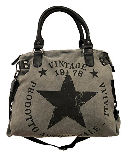 Star Bag Vintage Stern Damen Stamp Tasche Fashion Shopper Henkeltasche Canvas Stoff (Grau)