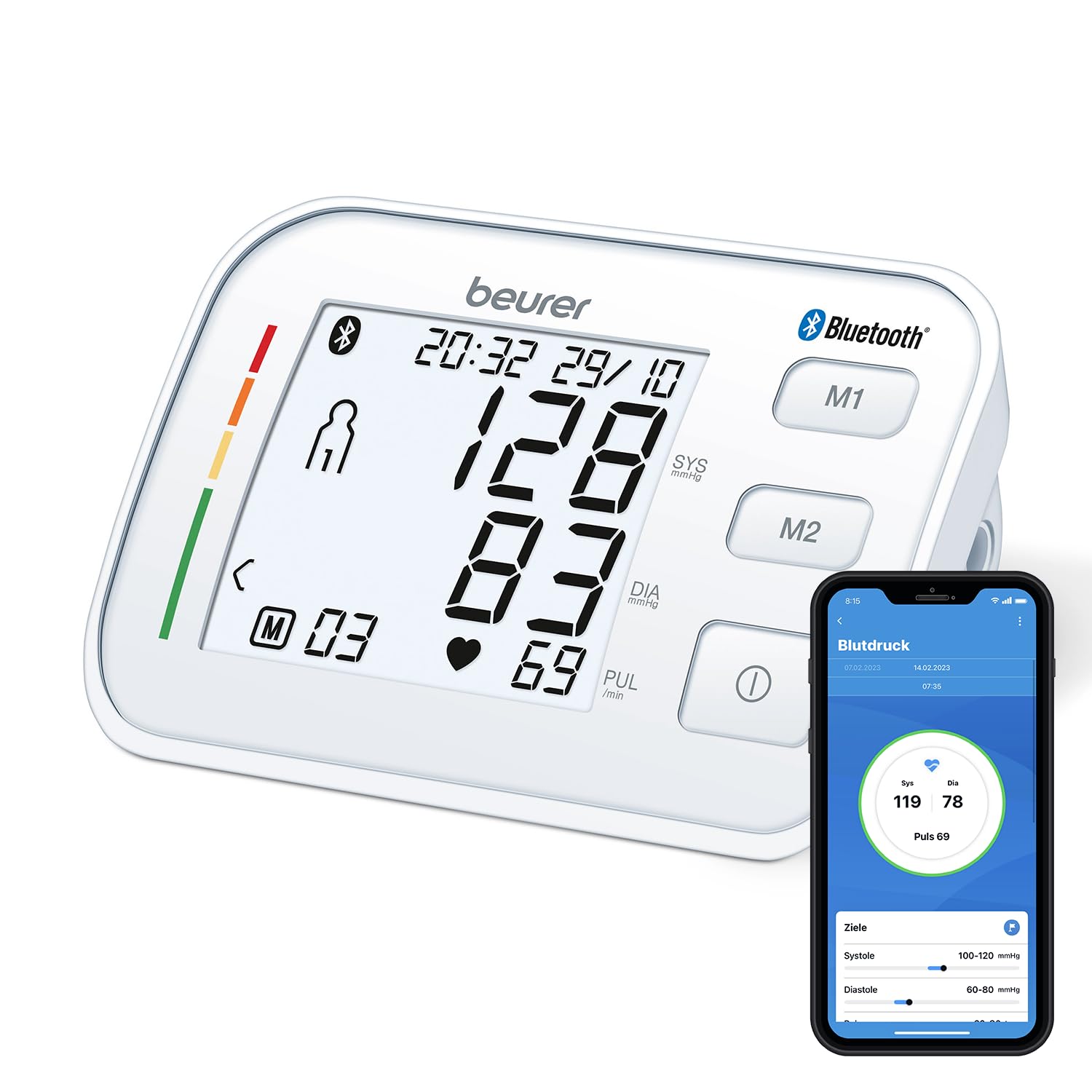 Beurer BM 57 Oberarm-Blutdruckmessgerät, digitaler Blutdruckmesser mit großer Manschette bis 43 cm, App-Anbindung via Bluetooth