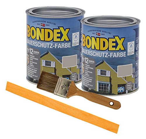 Bondex Dauerschutzfarbe deckend 2 x 0,75l Wetterschutzfarbe Holzschutzfarbe Holzfarbe bis zu 12 Jahre wetterbeständig für Holz und Zink Außen inkl. Pinsel und Rührstab (taupe hell)