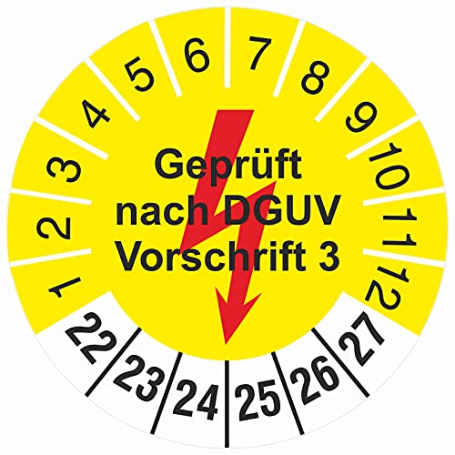 200 Stück 18 mm gelb geprüft nach DGUV Vorschrift 3 mit Blitz Prüfetiketten Prüfplakette 2018-23