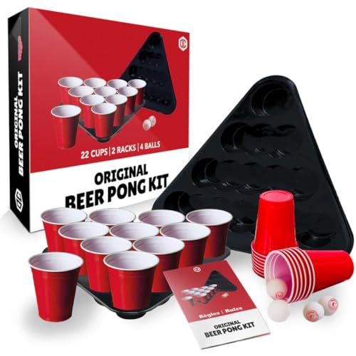 Offizielles Beer Pong Set | Gesamtpaket Beer Pong Officiel | Premium Qualität | 22 Red Cups | 2 Racks | 4 Bälle | Offizielle Regeln | Trinkspiel | Partyspiel | 100% Spaß