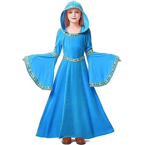 Feynman Kinder Mädchen Mittelalter Kostüm mittelalterlichen Renaissance Adels Palast Prinzessin Kleid Halloween viktorianischen Königin Kostüm Blau XL