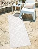carpet city In-& Outdoor Teppich - Läufer 80x250 cm - für Innen-& Außenbereich - Wetterfest Balkon-Teppich, Terrasse, Flur, Küche - Wohnzimmer-Teppiche - Hochtief/ 3D-Effekt - Rauten-Muster in Creme