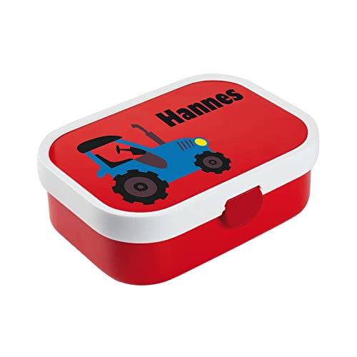 rote Brotdose mit Fächern -Trecker- personalisiert mit Namen I Campus mit Bento-Box & Gabel für Jungen & Mädchen, Traktor