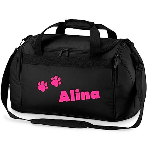 minimutz Sporttasche mit Pfoten | Personalisiert mit Namen | Sporttasche für Tierliebhaber Kinder | Hundetasche für die Tierpension | Reisetasche und Urlaubs-Tasche für Tiere (schwarz)