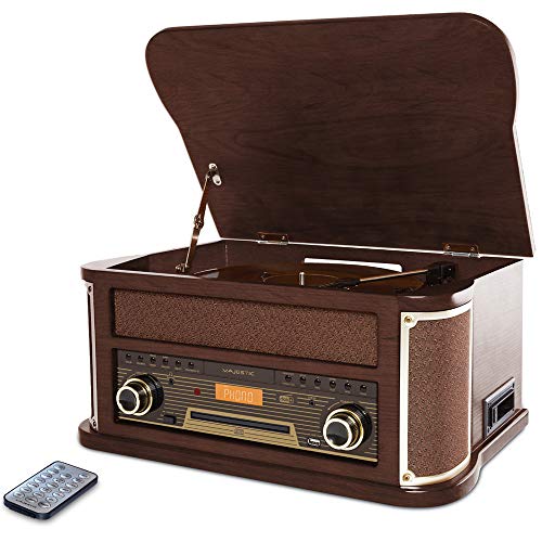 Majestic TT 47 DAB Plattenspieler (33/45/78 U/min, Bluetooth, DAB+ und FM-Radio, CD/MP3-Player, USB-Eingang, Kassette, Fernbedienung) braun