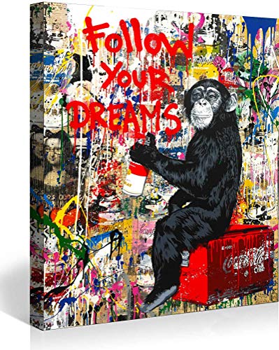 MJEDC Banksy Bilder Leinwand Follow Your Dreams Graffiti Street Art Leinwandbild Fertig Auf Keilrahmen Kunstdrucke Wohnzimmer Wanddekoration Deko XXL 80x130cm