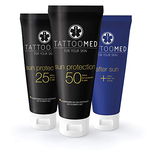 TattooMed All in Bundle SUN - Tattoo-Sonnenschutz für Tätowierte Haut - TattooMed Sun Protection LSF 25 & LSF 50 & TattooMed After Sun (3x 100ml)