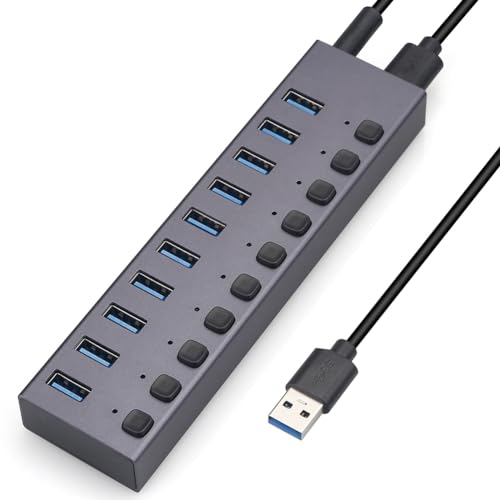 Tyuooker USB3.0-Splitter, 10-Port-Multi-Interface-HUB mit Schalter, Einfach zu Bedienen