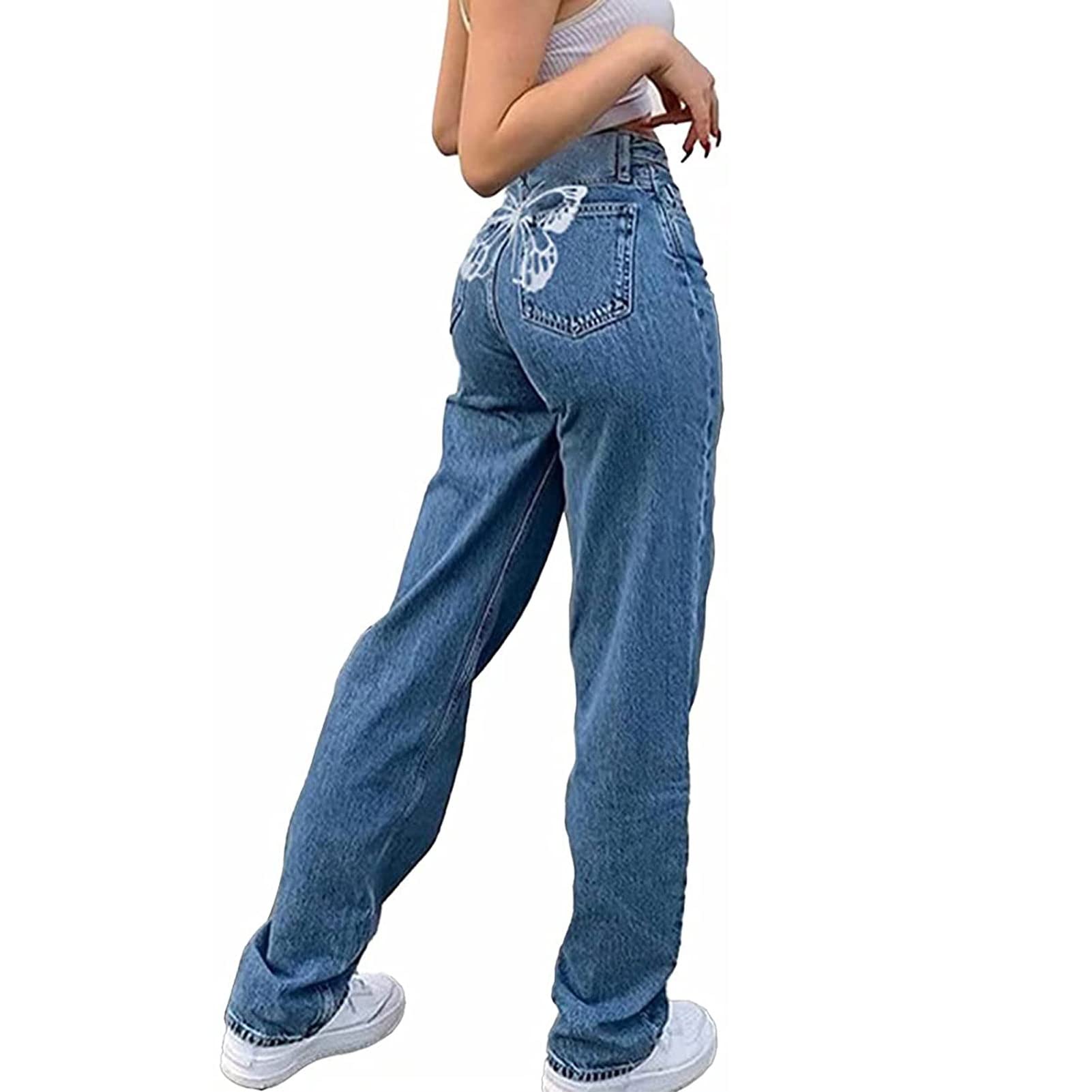 Yokbeer High Waist Boyfriend Jeans Damen, 90er Y2K Butterfly Muster Weite Straight Bein Blaue Hosen Jeans (Color : Blue, Size : S)