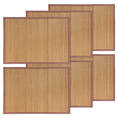 BambooMN Tischsets aus Bambus-Lamellen mit braunem Stoffrand – einfarbiger Druck – 45,7 x 33 cm – karbonisiertes Braun – 6 Stück