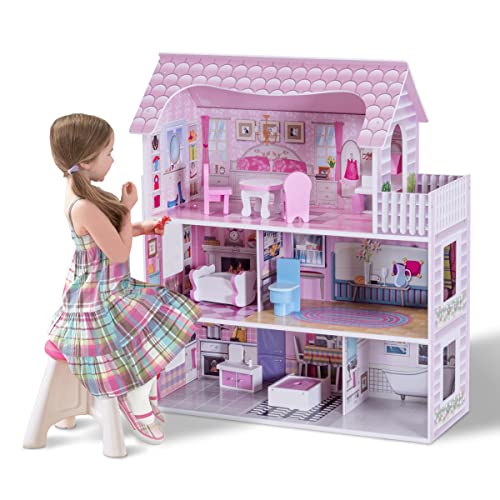 COSTWAY Puppenhaus aus Holz, Puppenstube mit Möbeln und Zubehör, Puppenvilla 3 Etagen, Dollhouse Spielzeug für Mädchen