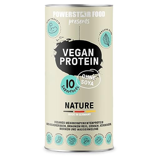 Powerstar VEGAN PROTEIN 500 g | Veganes Protein-Pulver ohne Soja, Süßungsmittel & Aroma | Mehrkomponenten Eiweiß-Pulver mit 10 Superfoods ergänzt | Deutsche Herstellung | Nature ungesüßt