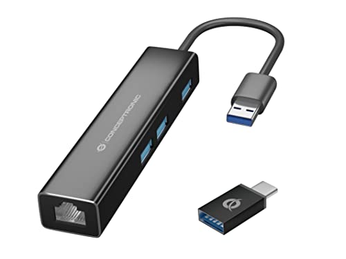Conceptronic DONN07B/ 3-Port USB Hub with Gigabit Network Adapter incl. USB-C to USB-A Converter Schnittstellen-Hub USB 3.2 Gen 1 (3.1 Gen 1) Type-C 5000 Mbit/s Schwarz