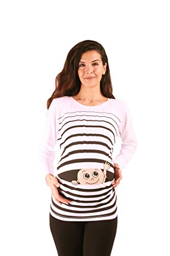 Winke Winke Baby - Lustige witzige süße Umstandsmode gestreiftes Umstandsshirt mit Motiv für die Schwangerschaft Schwangerschaftsshirt, Langarm (Weiß, Medium)
