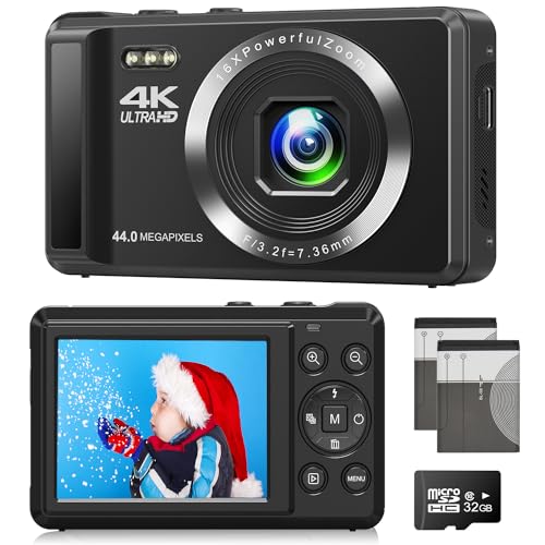 Digitalkamera 4k Fotokamera mit Autofokus, 44MP Fotoapparat mit 32GB SD-Karte 16X Digitalzoom Kompaktkamera für Anfänger Kinder Jungen und Mädchen Studenten Erwachsene (2 Batterien)