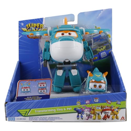 Super Wings Transforming Tino & Pet, Transformer Roboterfiguren, Spielzeug für Jungen und Mädchen im Alter von 3 4 5 6 7 8
