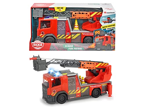 Dickey Toys 203716017007 - Norwegisch Scania Feuerwehrauto mit Freilauf, Licht, Wasserskuterfunktion, Erweiterbare Leiter und Öffnbare Seitenwände - 35 cm, Ab 3 Jahren