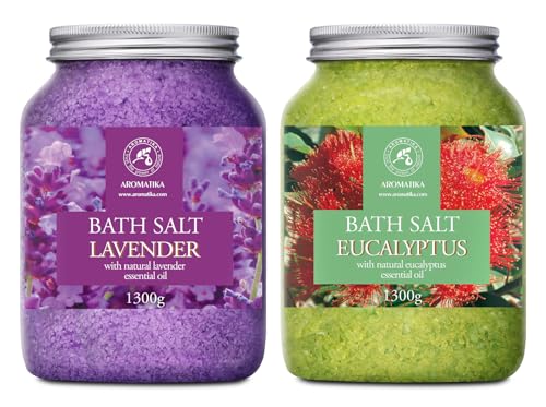 Badesalz Set Lavendel & Eukalyptus 2х1300g - Meersalz mit 100% Natürlichem Ätherischen Lavendelöl - mit Natürlichen Ätherischen Eukalyptusöl - Körperpflege - Schönheit - Entspannung - Aromatherapie