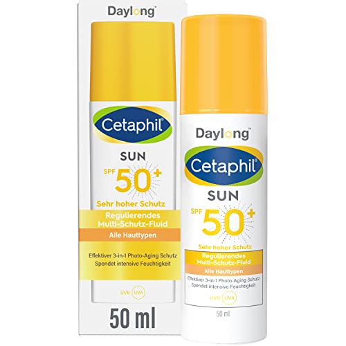 CETAPHIL SUN Regulierendes Multi-Schutz-Fluid SPF 50+, 50ml, Anti-Aging-Sonnenschutz für das Gesicht, Spendet bis zu 8 Stunden Feuchtigkeit, Zieht schnell ein und ist ultra leicht, Nicht komedogen