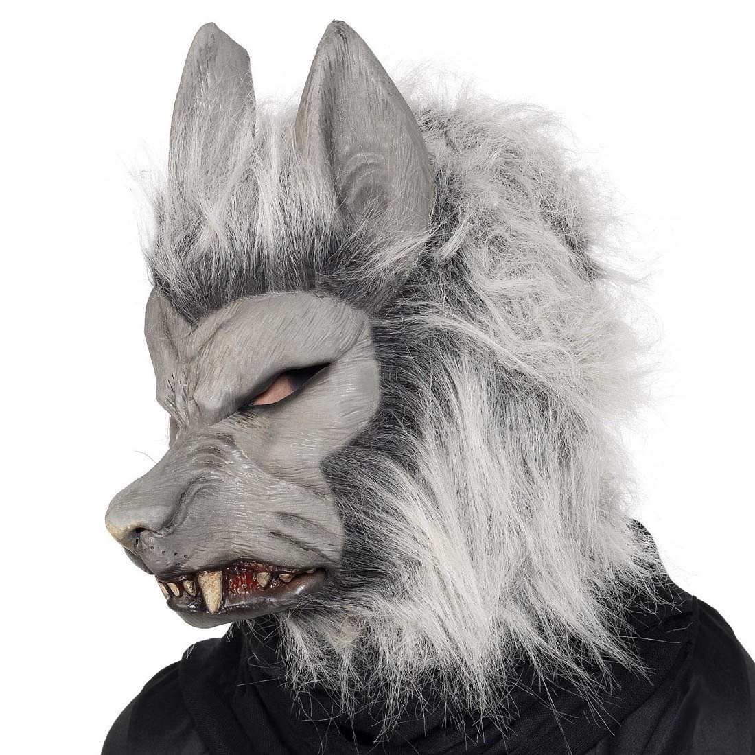 Amakando Unheimliche Latex-Maske Wolf/Grau/Horrormaske Bestie mit Haaren/Wie geschaffen zu Gruselparty & Halloween