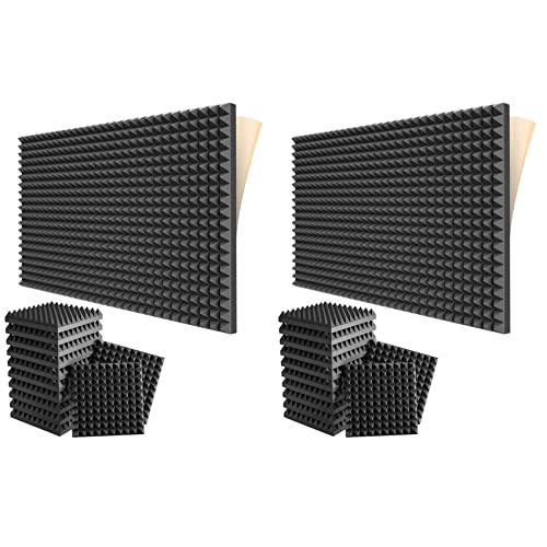 MULOUTSPO 24 Packungen Selbstklebende Schalldichte Schaumstoff Platten 2 x 12 x 12 Akustik Platten mit Hochdichtem Akustik Schaumstoff Im Pyramiden Design