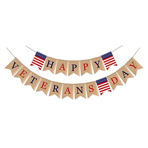 Einfarbige Jute-Wimpel für Flaggen, DIY-Banner für Happy Veteranen, für Zuhause, Kaminsims, Party, Fenster