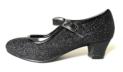 La Señorita -Prinzessinnen Schuhe – Schwarz Glitzer für Mädchen -Brautjungfer Schuhe beim Hochzeit - Spanische Festliche Flamenco Tanz Schuhe für Kinder und Frauen - Riemchenpumps