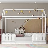 Hausbett 90x200 cm - vielseitiges Holz Kinderbett für Jungen & Mädchen - Mit Rausfallschutz und Lattenrost (Weiß)