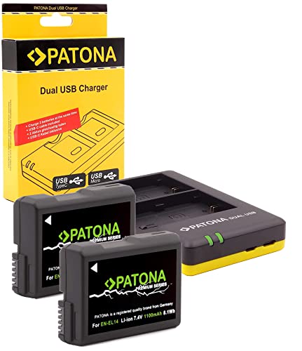 Patona Premium - 2x Ersatz für Akku Nikon EN-EL14 EN-EL14a (1100mAh) und USB Dual Ladegerät 1966
