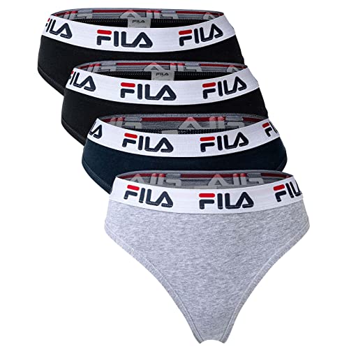 FILA Damen String - 4er Pack Slips, Logobund, Cotton Stretch (XL, Schwarz/Grau)