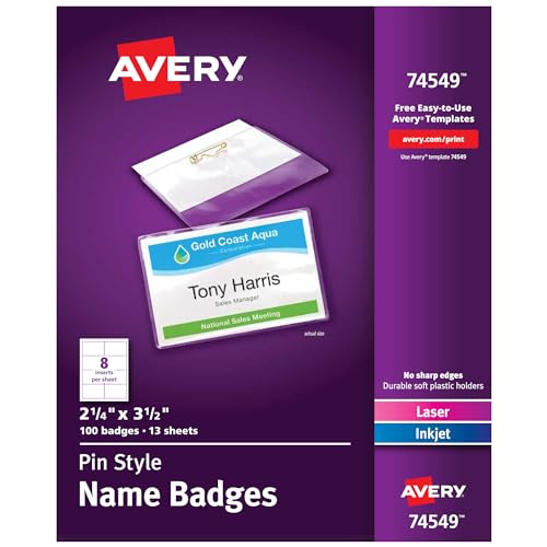 Avery Pin Style Namensschilder, 2,25 x 3,5 Zoll, weiß, Box mit 100 Stück (74549)