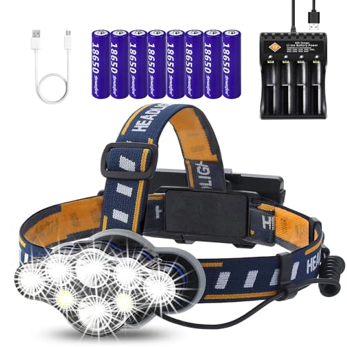 VISVIC USB 8 LED Stirnlampe, 2000 Lumen LED + COB Wasserdichte Stirnlampe, 8 Modi, mit 8 wiederaufladbaren Batterien und USB-Ladegerät für Outdoor Camping Radfahren Angeln