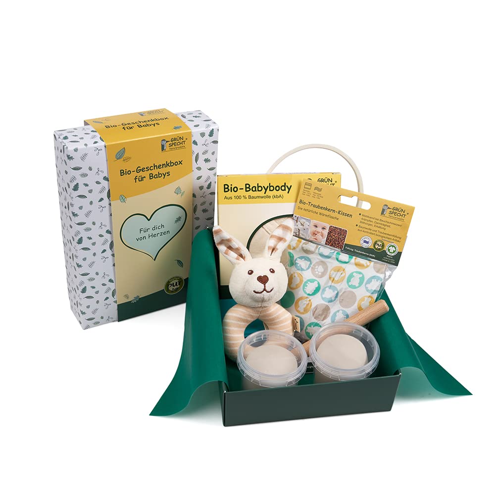 GRÜNSPECHT Bio-Geschenkbox für Babys mit Bio-Wärmekissen, Bio-Stoffrassel, Bio-Abdruckset & Bio-Body, Geschenk Geburt, Babyparty (GB-004)