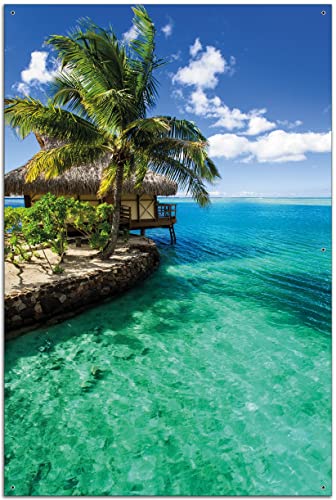 Wallario Garten-Poster Outdoor-Poster - Karibisches Meer – Einsame Hütte unter Palmen in Premiumqualität, Größe: 61 x 91,5 cm, für den Außeneinsatz geeignet