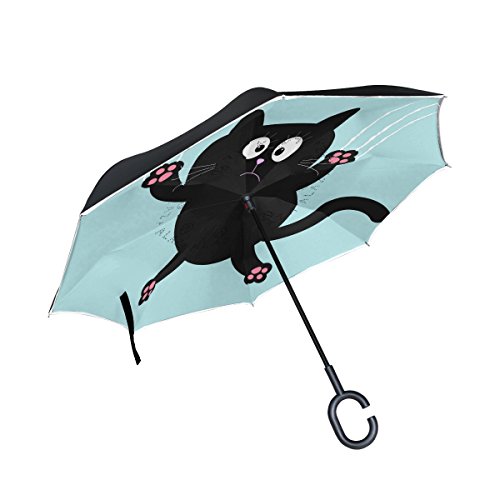 isaoa Gro?e Schirm Regenschirm Winddicht Doppelschichtige seitenverkehrt Faltbarer Regenschirm f¨¹r Auto Regen Au?eneinsatz,C-f?rmigem Henkel Regenschirm Cartoon Schwarze Katze Regenschirm