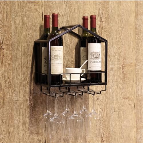 BTZHY Wandmontierte Weinregal, modernes Hausform-Kreativitäts-Weinregal, Metallwand-Weinflaschen-Glashalter für Küche, Bar, Esszimmer