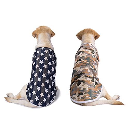 Miaododo Hunde-Shirts für mittelgroße und große Hunde, Camouflage, schnell trocknend, atmungsaktiv, dehnbar, ärmellos, Hunde-T-Shirt, Hundebekleidung (Navy Star + Khaki Camo, 30)